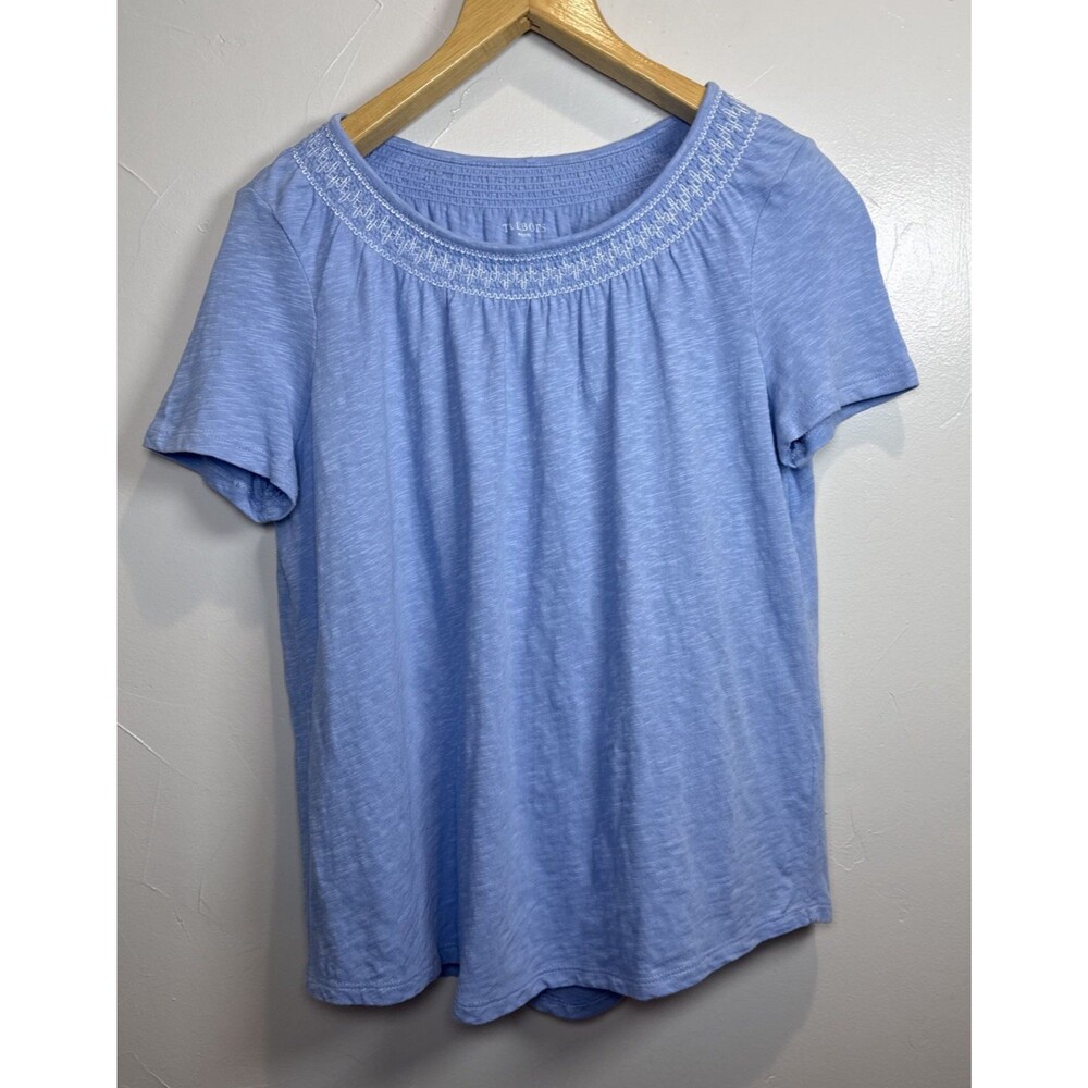 Talbots Petite Blue Short Sleeve Cotton Shirt Smocked Neck Small Petite